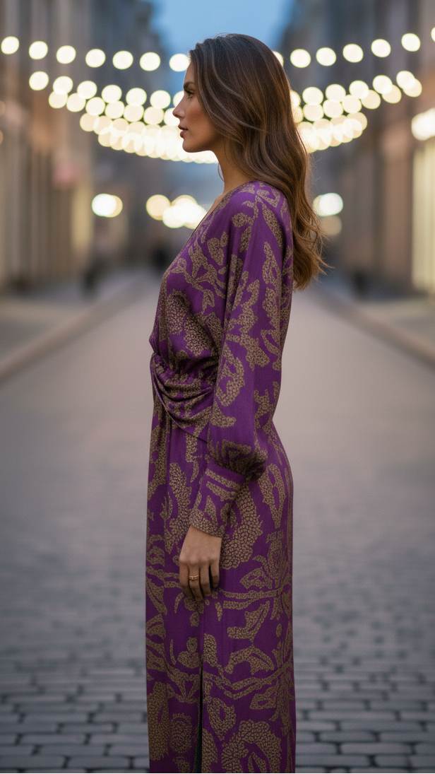 Side view of purple dress with detailed pattern and long sleeves. City backdrop with bright lights.