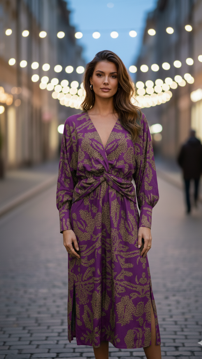 Purple dress with gold pattern featuring a twist front. Evening urban setting with decorative strings of lights.