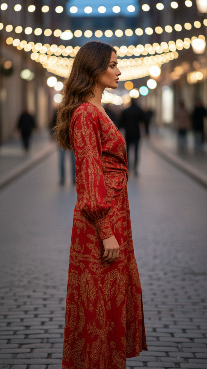 Side view of red dress with intricate gold pattern. Evening cityscape with glowing streetlights.