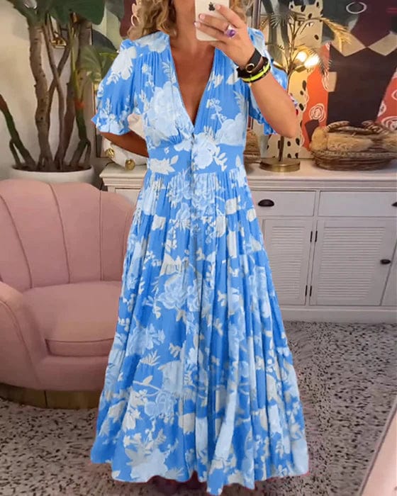 Izara – Floral V-Neck Maxi Dress with Elastic Waist