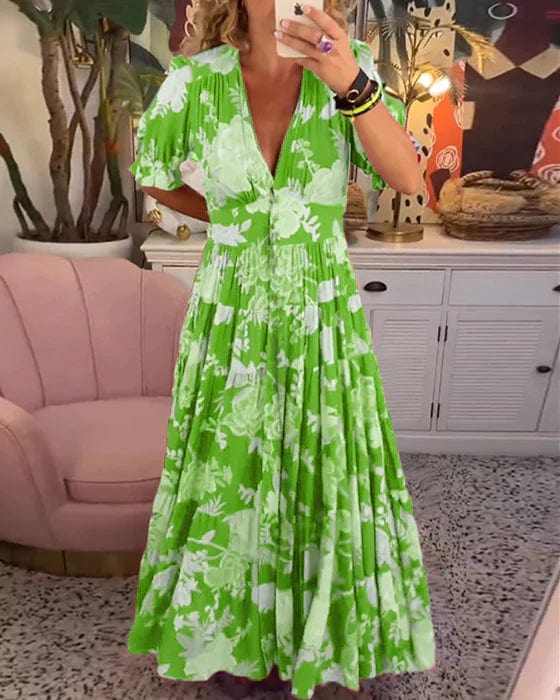Izara – Floral V-Neck Maxi Dress with Elastic Waist