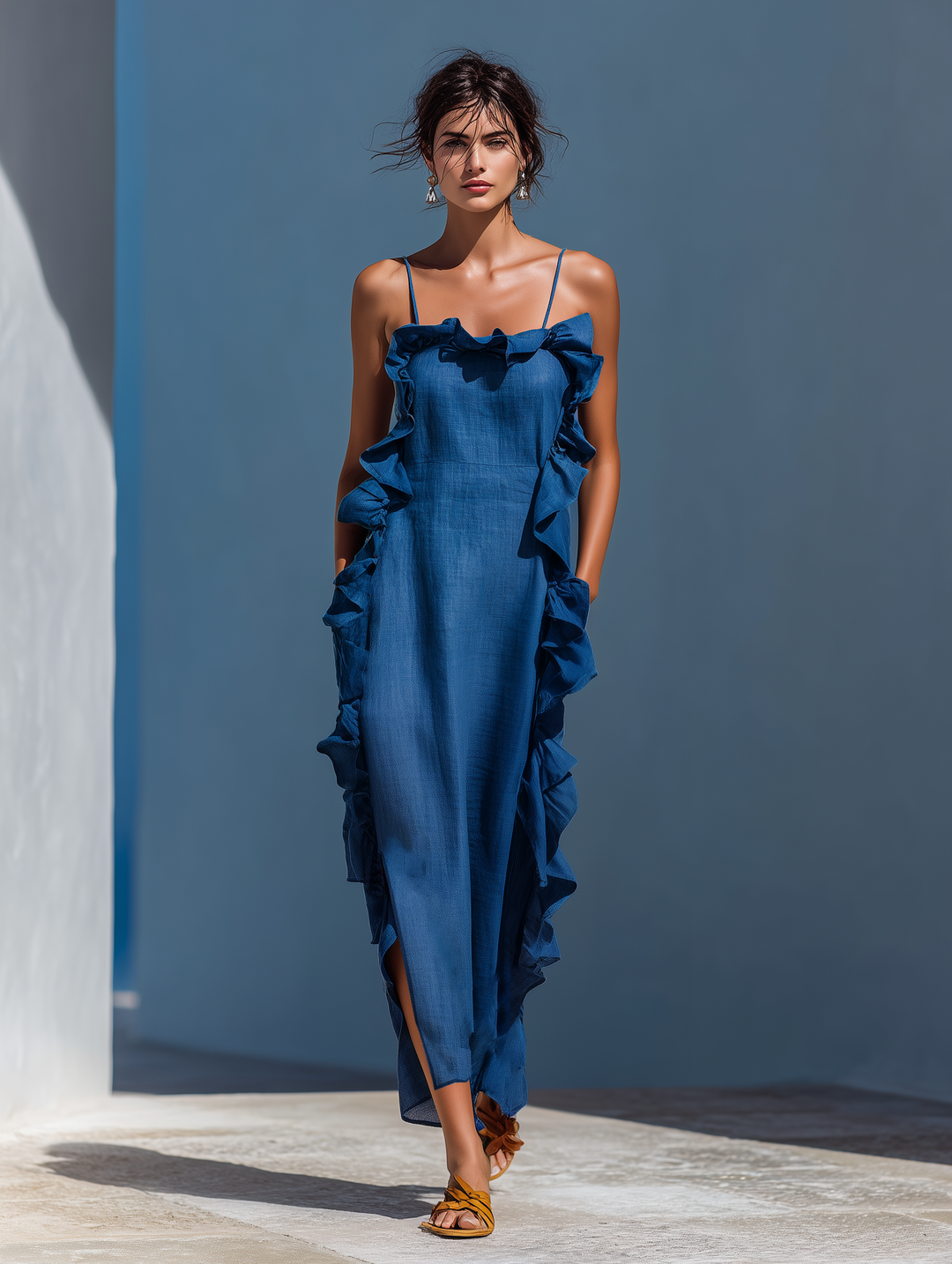 Model in flowing blue maxi dress with ruffle details, strappy sandals, against a sunlit textured wall background.
