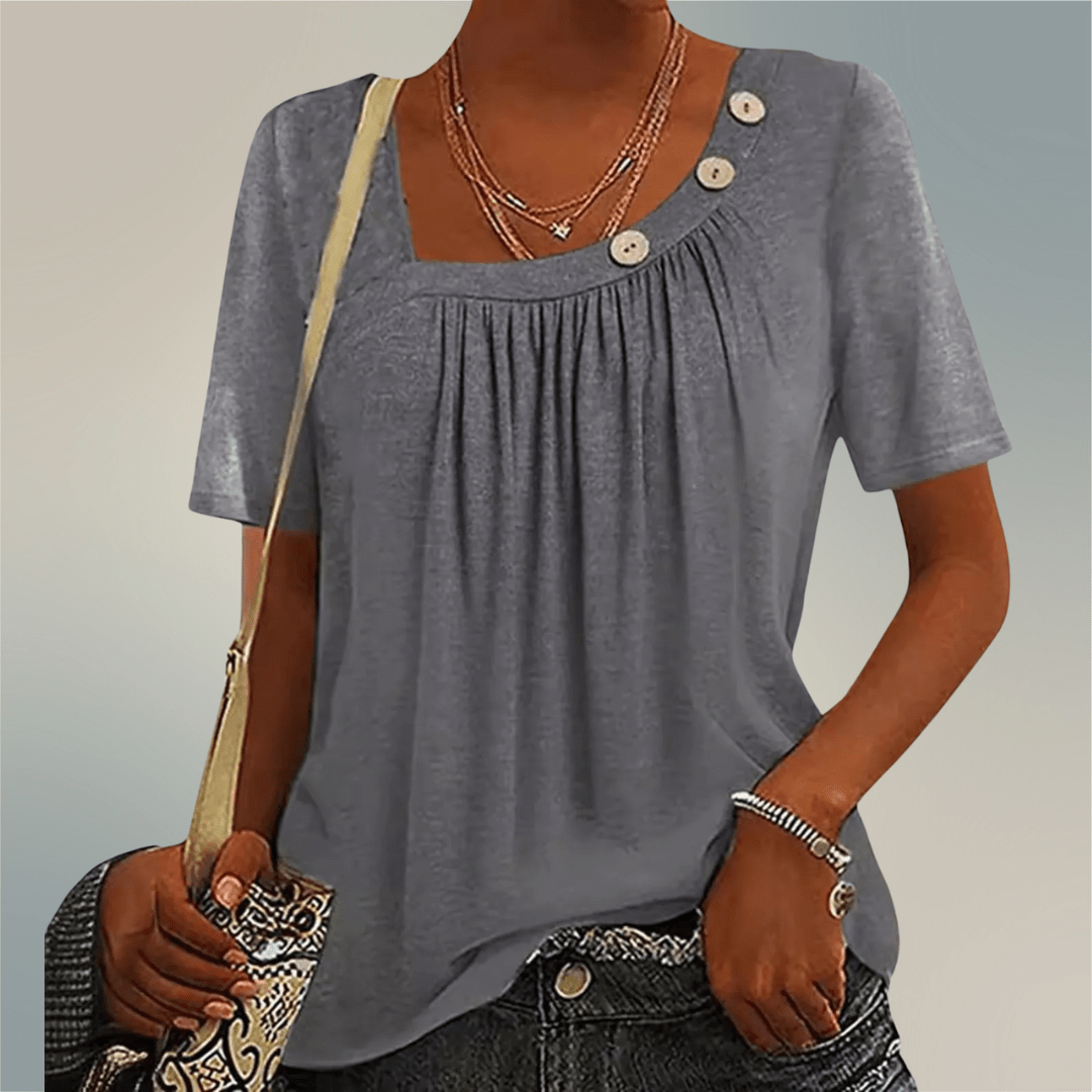 Tessie – V-Neck Tee with Decorative Buttons