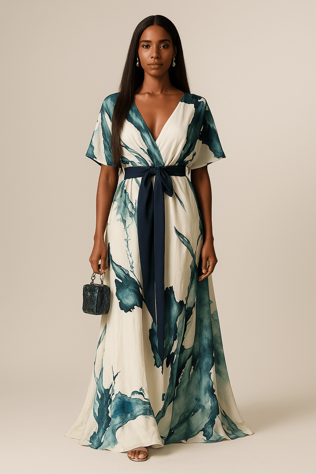Elegant maxi dress with artistic teal print, V-neckline, and navy tie belt, held by model indoors.