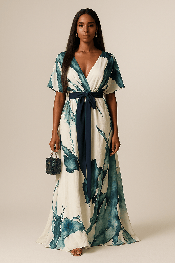 Elegant maxi dress with artistic teal print, V-neckline, and navy tie belt, held by model indoors.