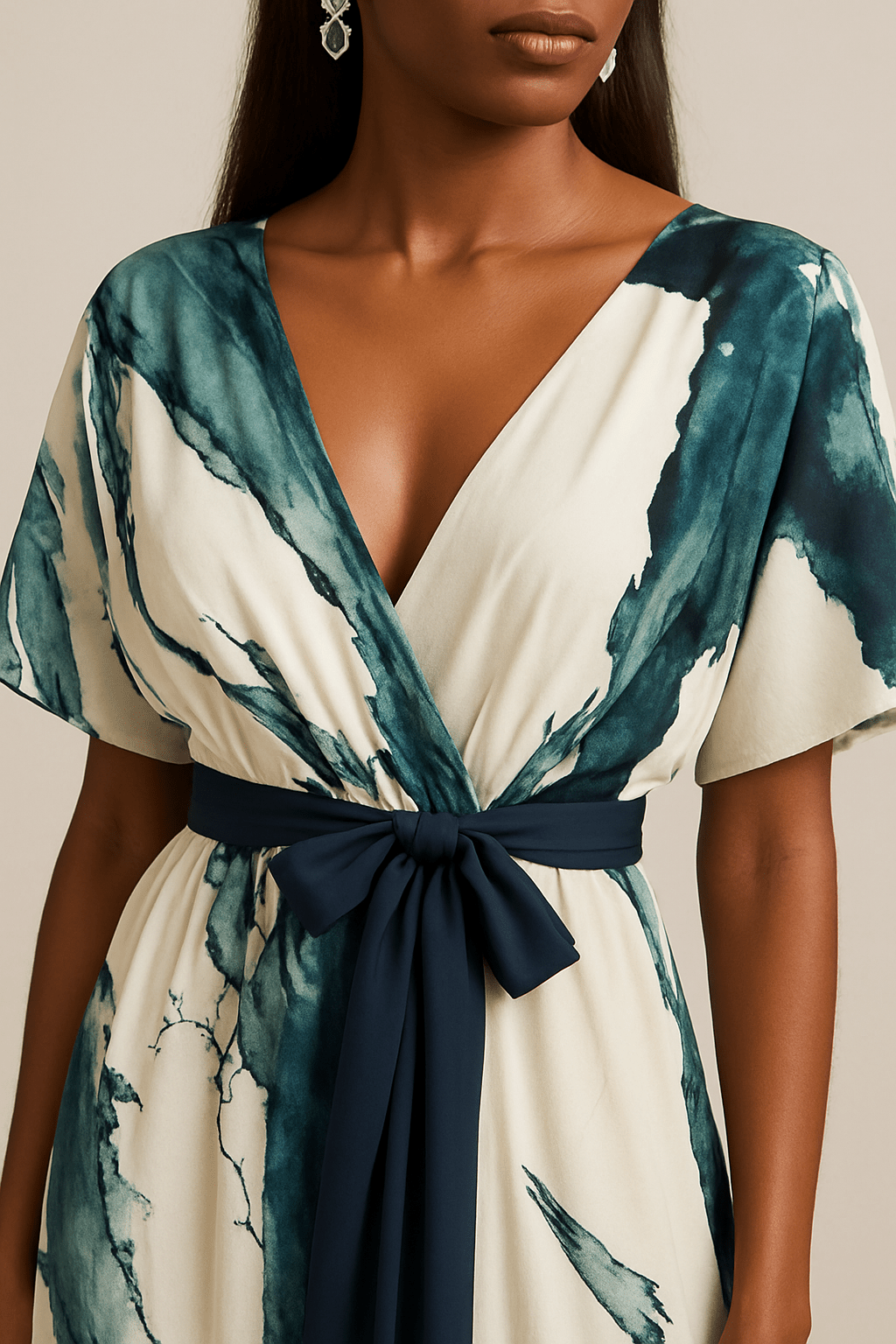 Close-up of artistic teal print maxi dress, highlighting V-neckline and navy tie belt, with earrings indoors.