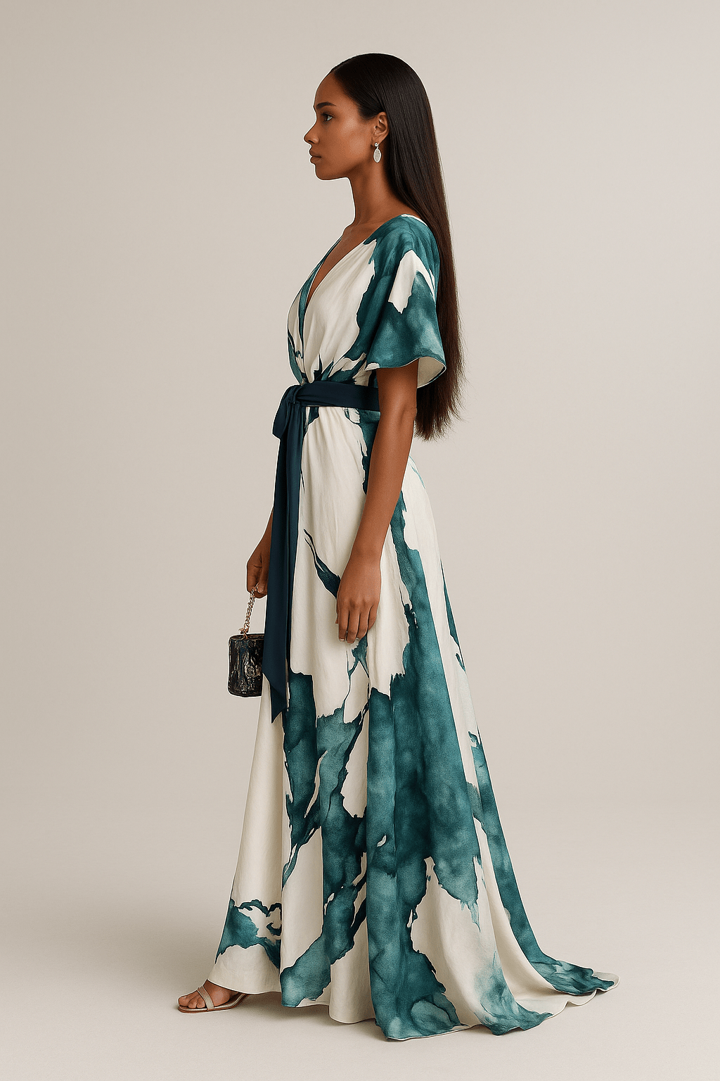 Side view of artistic teal print maxi dress, featuring short sleeves and navy tie belt, held by model indoors.