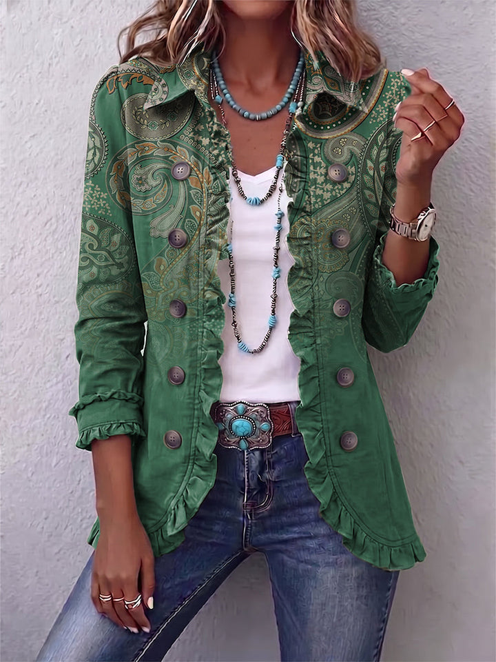 Teodora | Green Paisley Ruffle-Trim Jacket