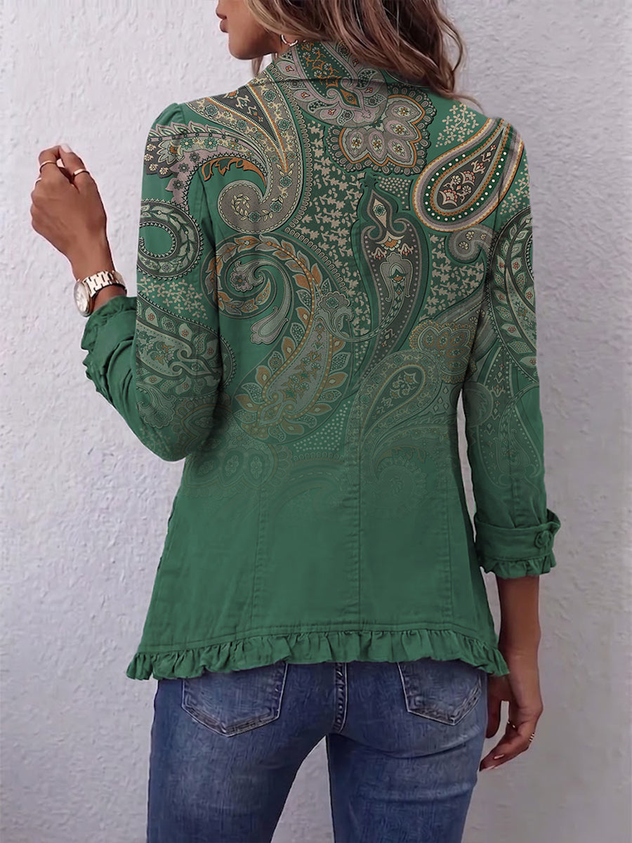 Teodora | Green Paisley Ruffle-Trim Jacket