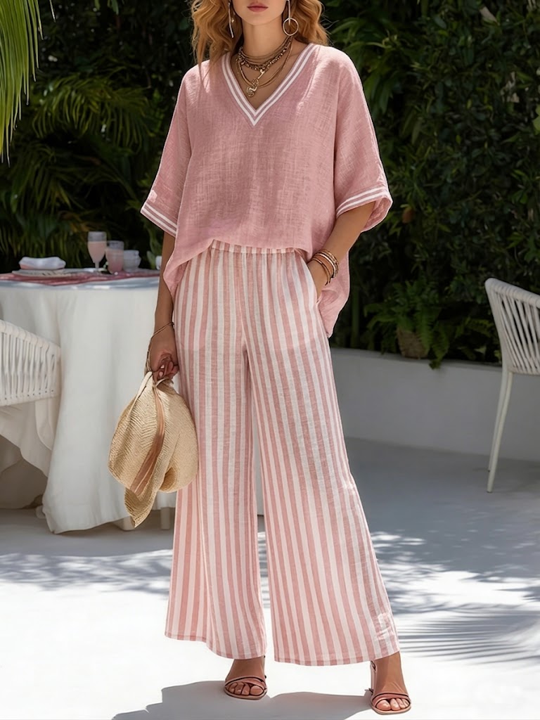 Woman in pink flowy top and striped wide-leg pants, holding a hat, standing in a lush garden.