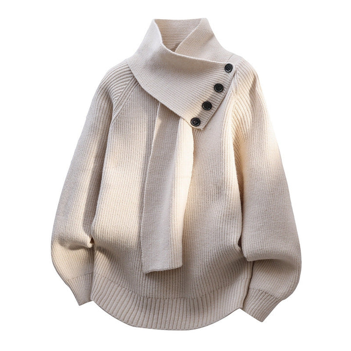 Cozy beige sweater with asymmetrical buttoned collar, studio setting.