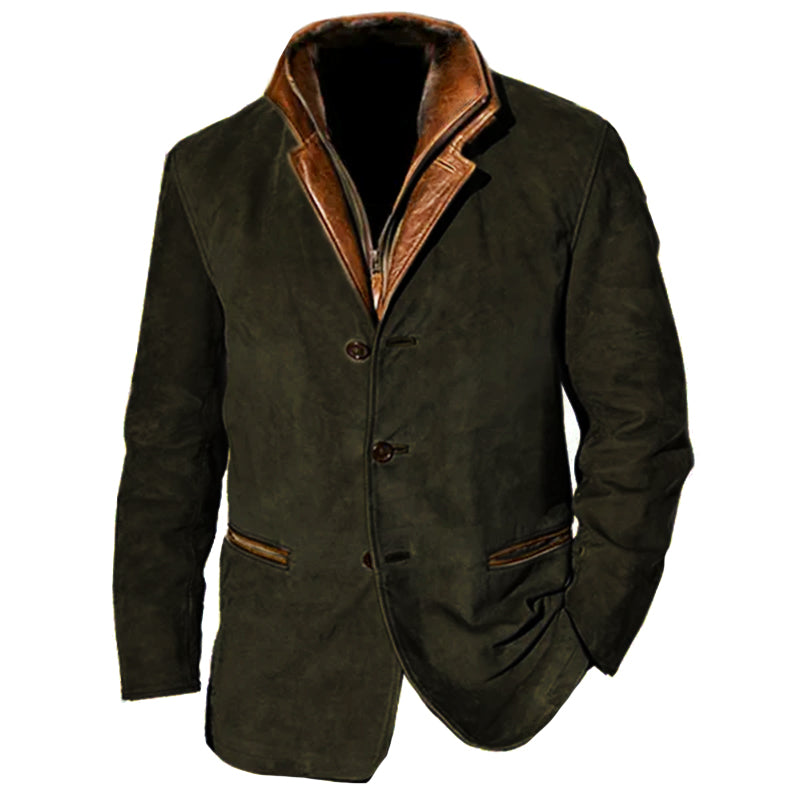 Dark green vintage jacket with brown collar, button closure, and front pockets on white background.