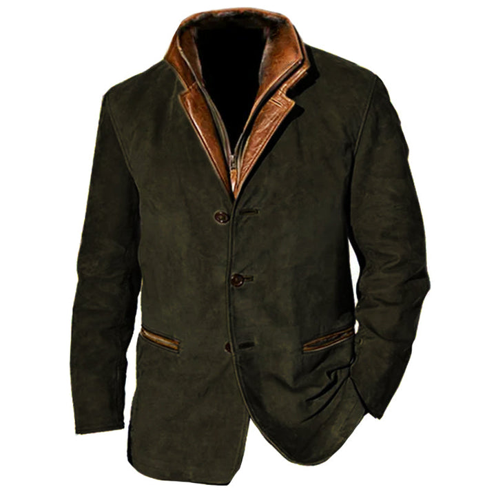 Dark green vintage jacket with brown collar, button closure, and front pockets on white background.