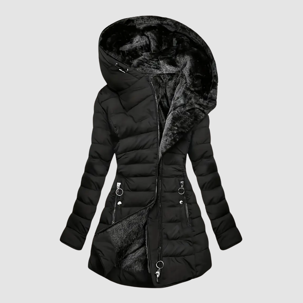 Black fur-lined down jacket with hood, partially zipped, showcasing interior, studio background.