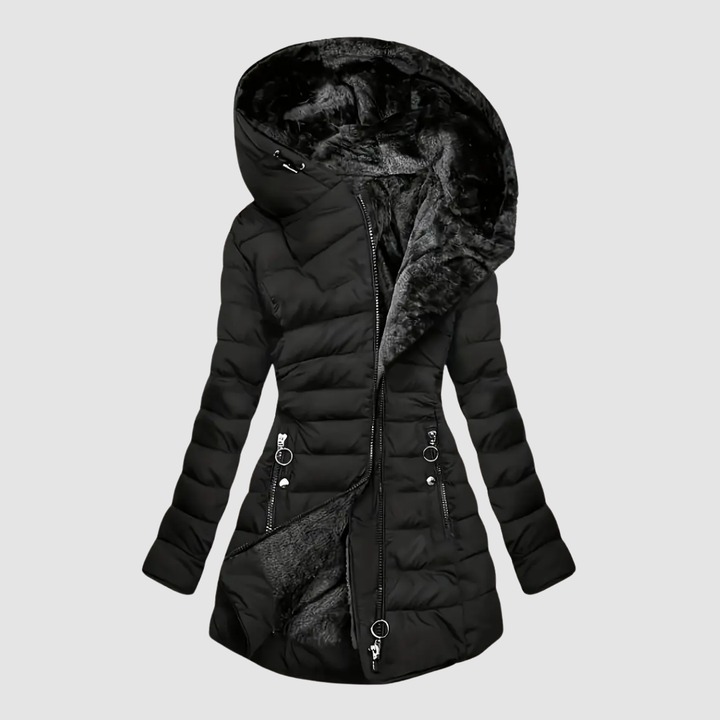 Black fur-lined down jacket with hood, partially zipped, showcasing interior, studio background.