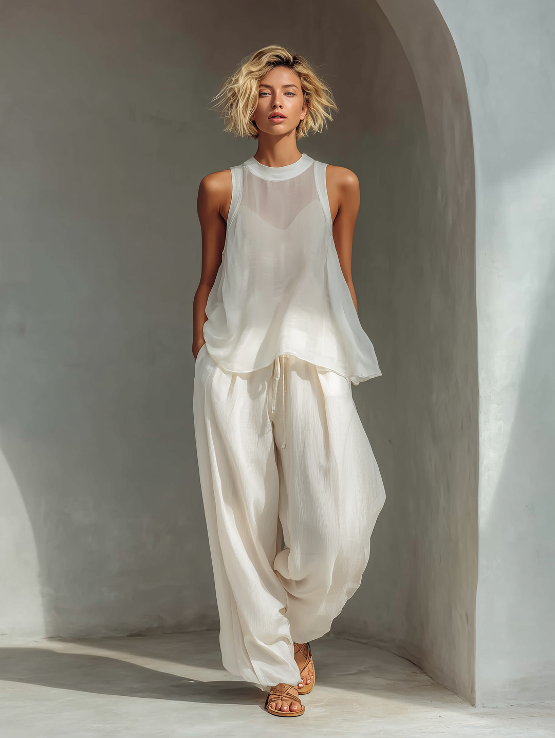 Elegant white top and flowy pants ensemble on model against textured gray backdrop.