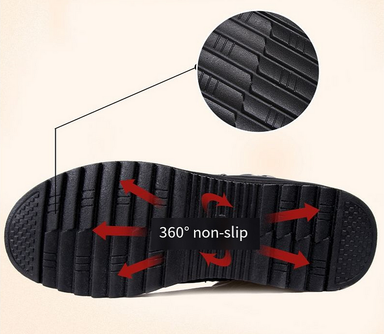 Close-up of black boot sole displaying 360° non-slip feature with red arrows, on a beige background.