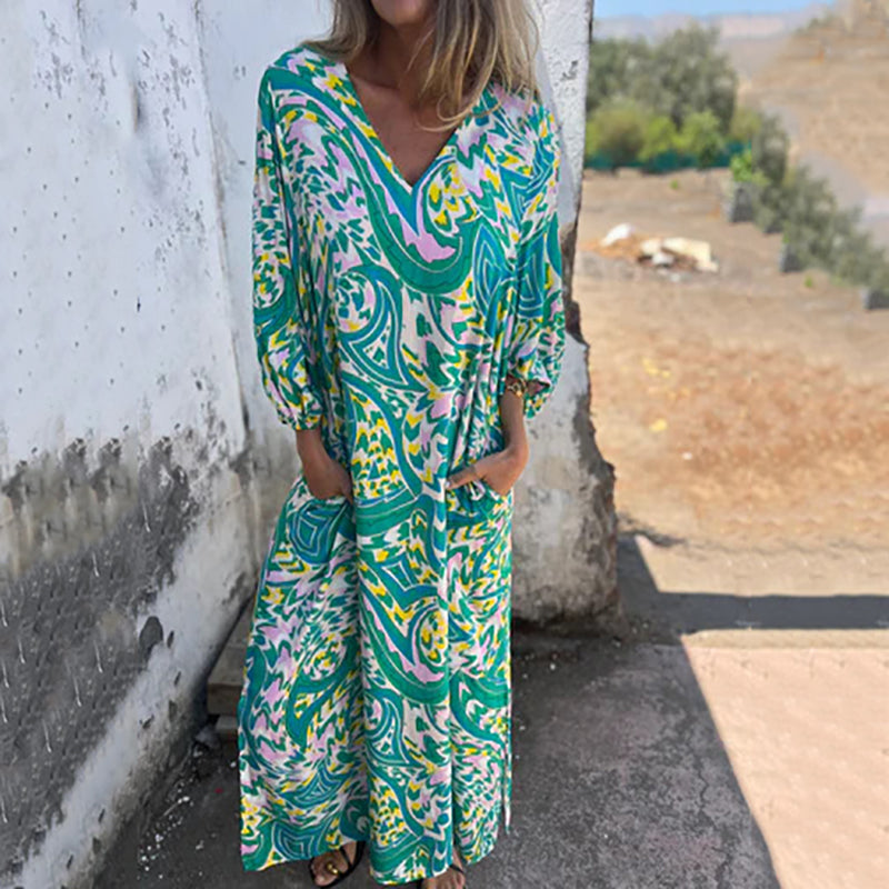 Hailey – Abstract Boho Maxi V-Neck Dress