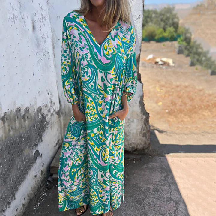 Hailey – Abstract Boho Maxi V-Neck Dress