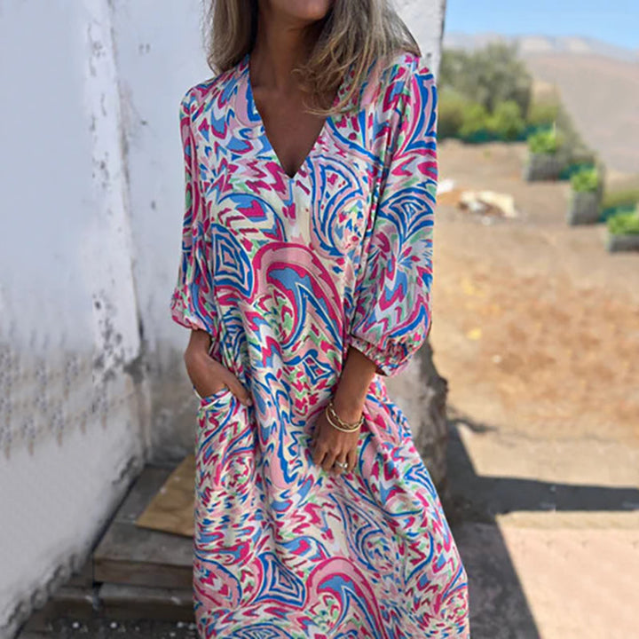 Hailey – Abstract Boho Maxi V-Neck Dress