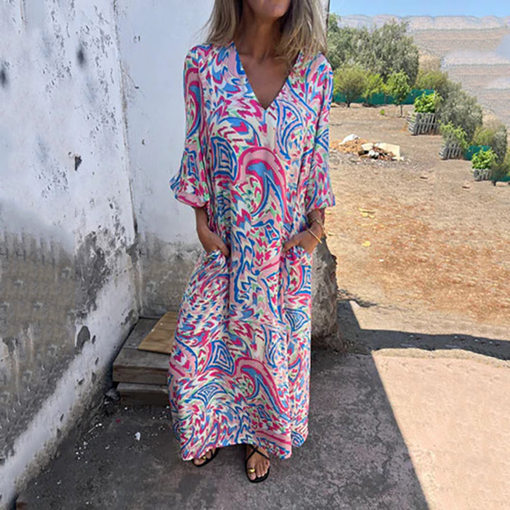 Hailey – Abstract Boho Maxi V-Neck Dress