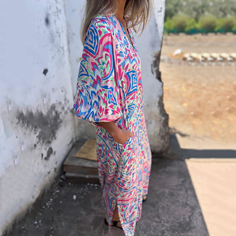 Hailey – Abstract Boho Maxi V-Neck Dress