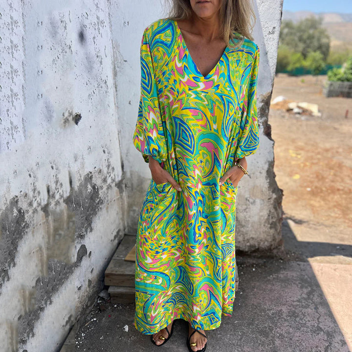 Hailey – Abstract Boho Maxi V-Neck Dress