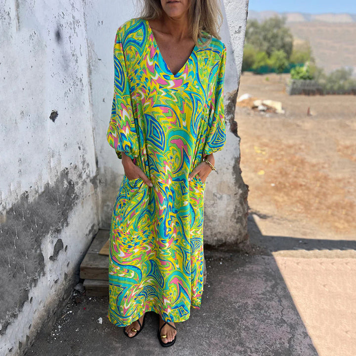 Hailey – Abstract Boho Maxi V-Neck Dress