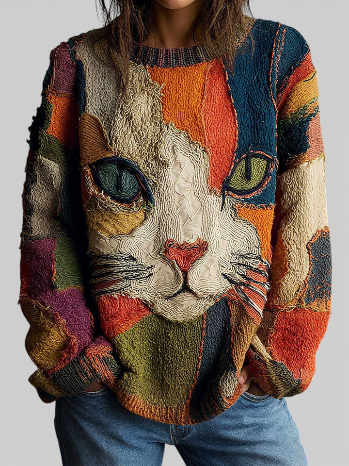 Close-up of a textured top with a vibrant artistic cat face design, worn by a person, on a gray background.