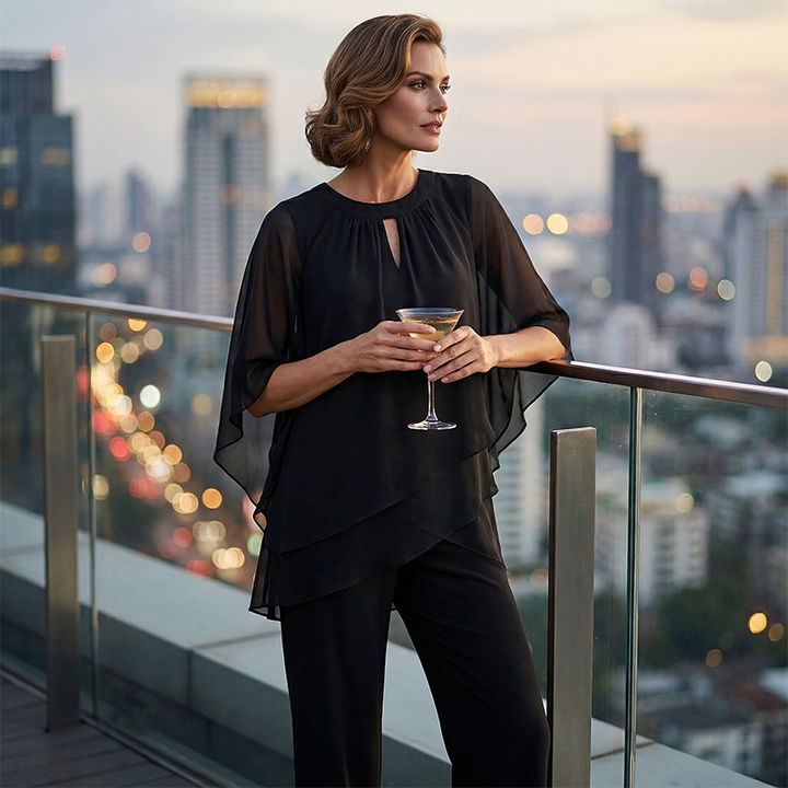 Black elegant set, woman holding a drink on a balcony, cityscape at dusk.