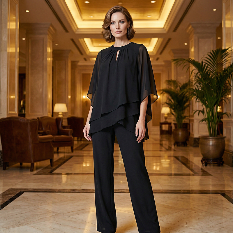 Black elegant set worn in luxurious hotel lobby with warm lighting.