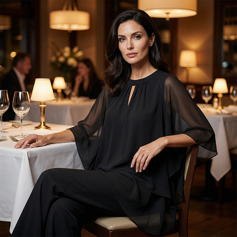 Woman in black elegant set seated at a candlelit restaurant table.