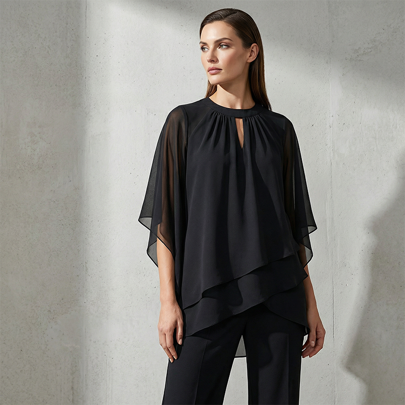 Black elegant set showcased in minimalist studio with soft lighting.