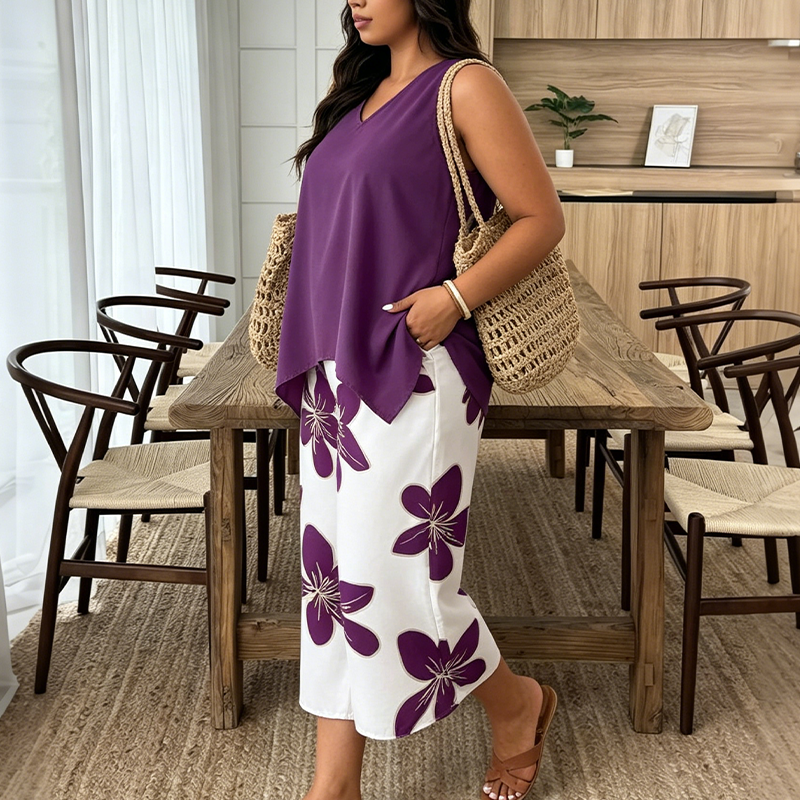 Side view of a woman in a violet tunic and white floral pants with a woven bag in a dining room.
