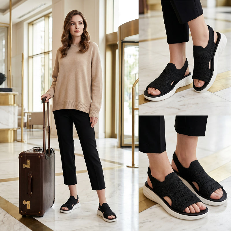 Collage showcasing black knit platform sandals, person at a hotel with suitcase, detailed close-ups on marble floor.
