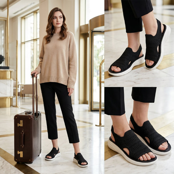 Collage showcasing black knit platform sandals, person at a hotel with suitcase, detailed close-ups on marble floor.