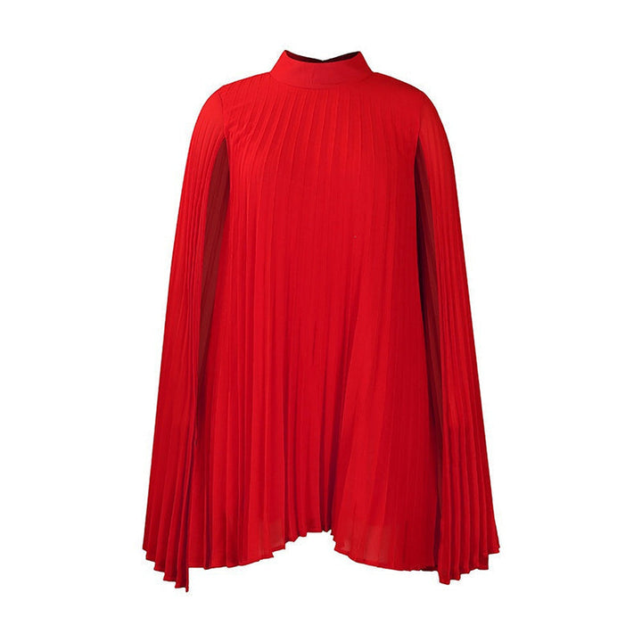 Red pleated mini dress with flowing cape sleeves on white background.