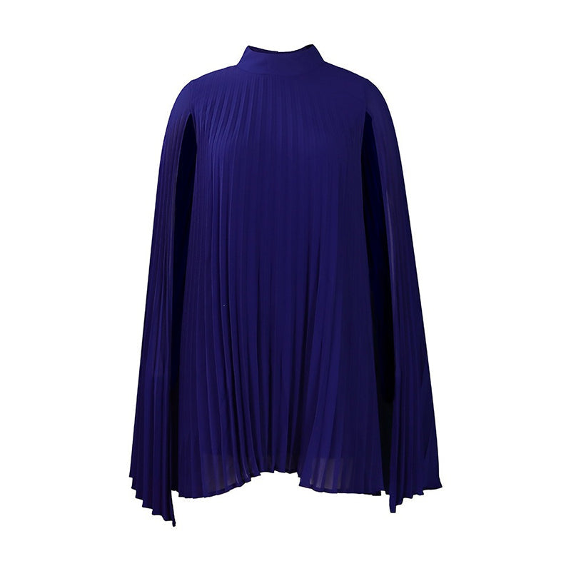 Blue pleated mini dress with flowing cape sleeves on white background.