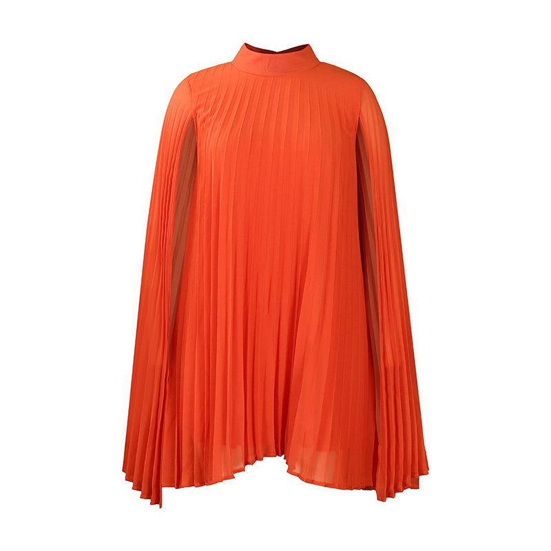 Orange pleated mini dress with flowing cape sleeves on white background.
