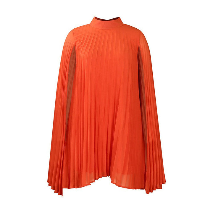 Orange pleated mini dress with flowing cape sleeves on white background.