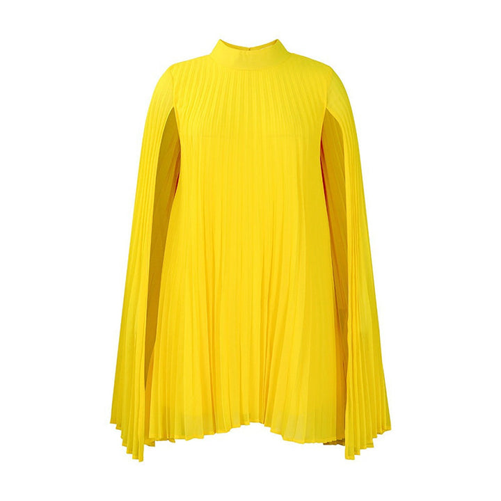 Yellow pleated mini dress with flowing cape sleeves on white background.