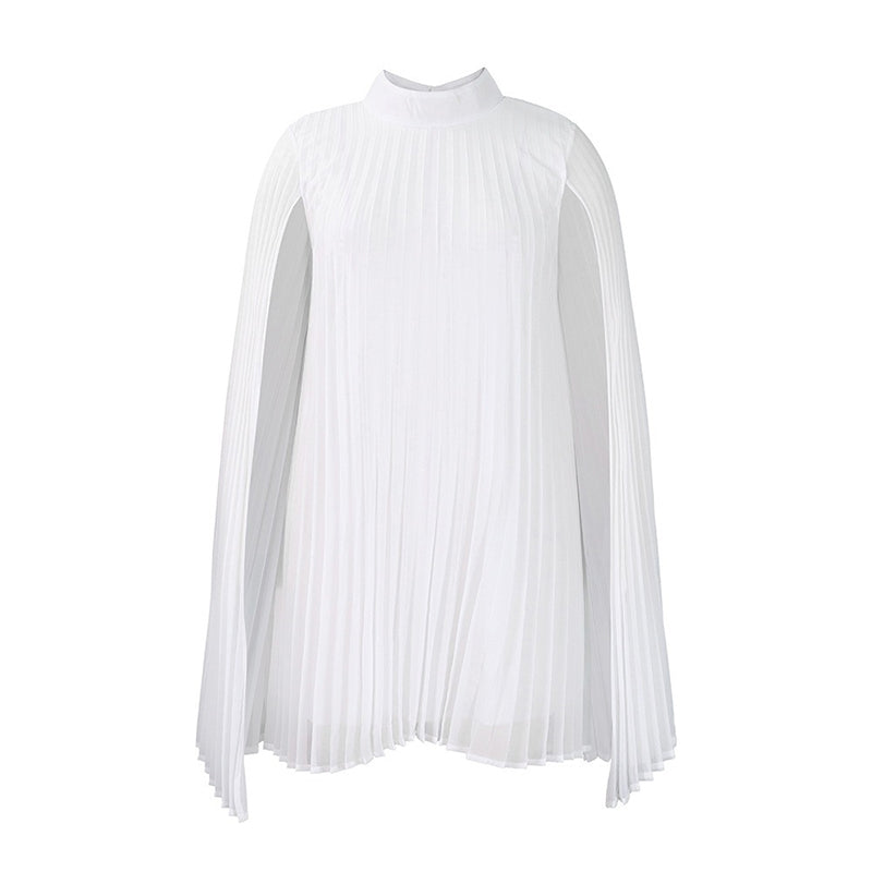 White pleated mini dress with flowing cape sleeves on white background.