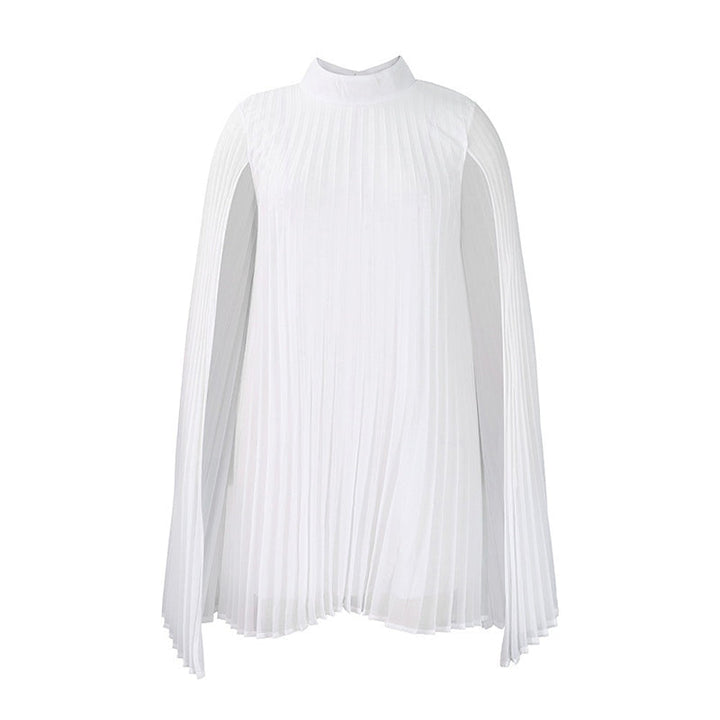 White pleated mini dress with flowing cape sleeves on white background.