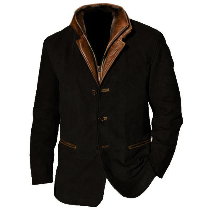 Black vintage jacket with brown collar, button closure, and front pockets on white background.