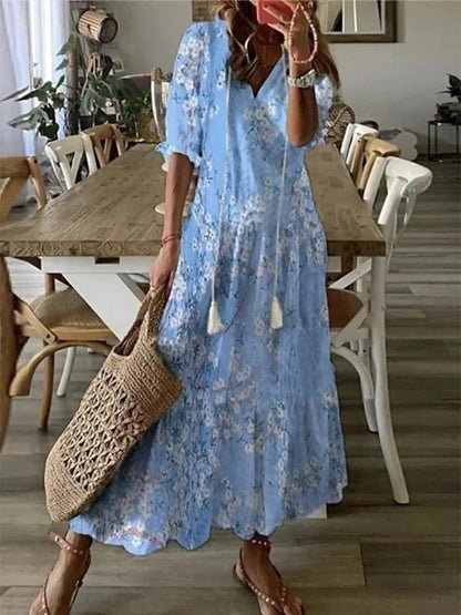 Luna – Boho V-Neck Dress with Lantern Sleeves