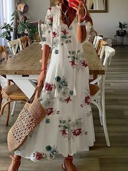 Luna – Boho V-Neck Dress with Lantern Sleeves