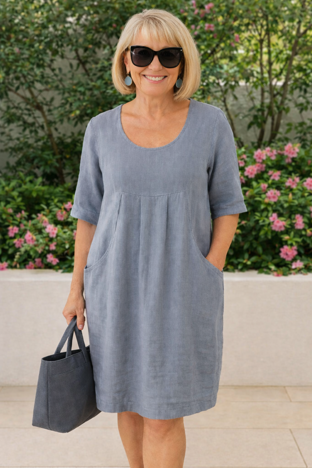 Woman in light gray casual dress with pockets, outdoors with greenery and pink flowers, holding a dark bag.