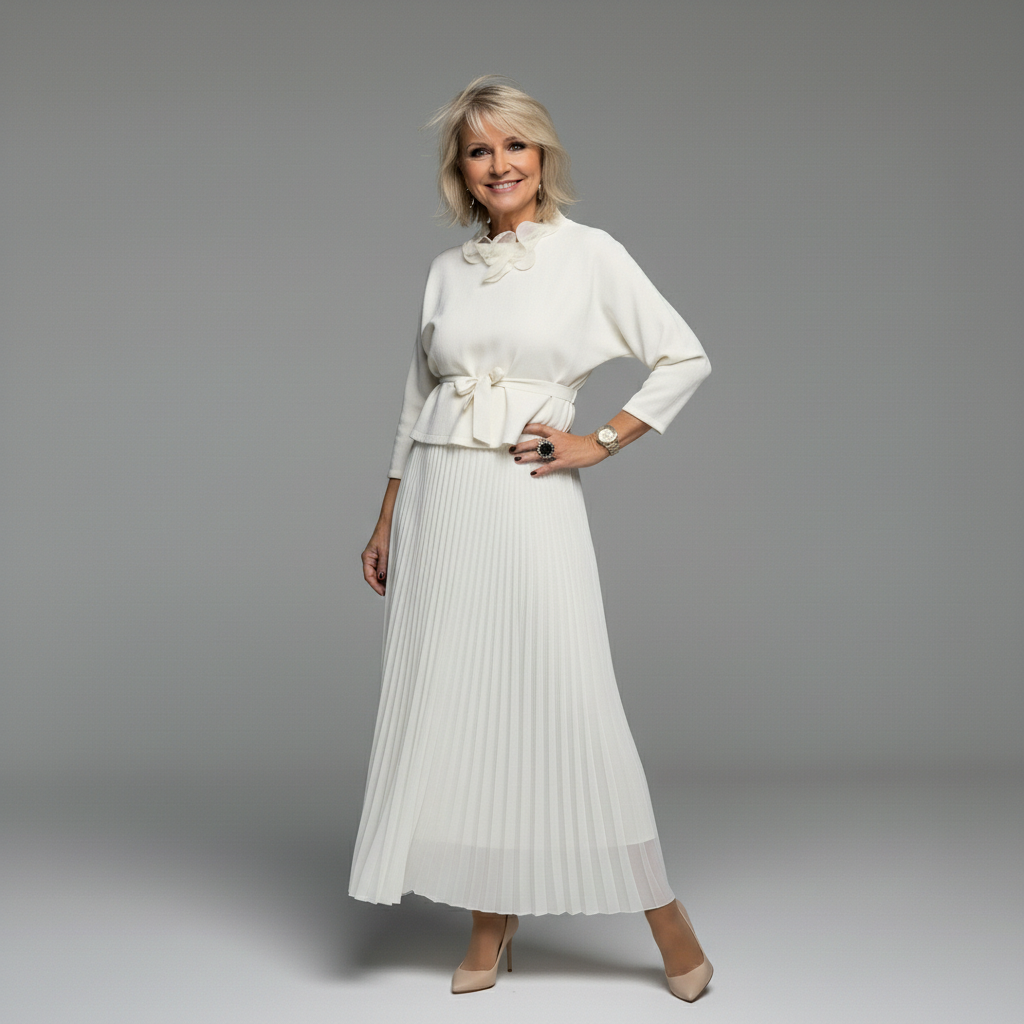 Elegant woman in white two-piece set with pleated skirt and ruffled collar, studio background.