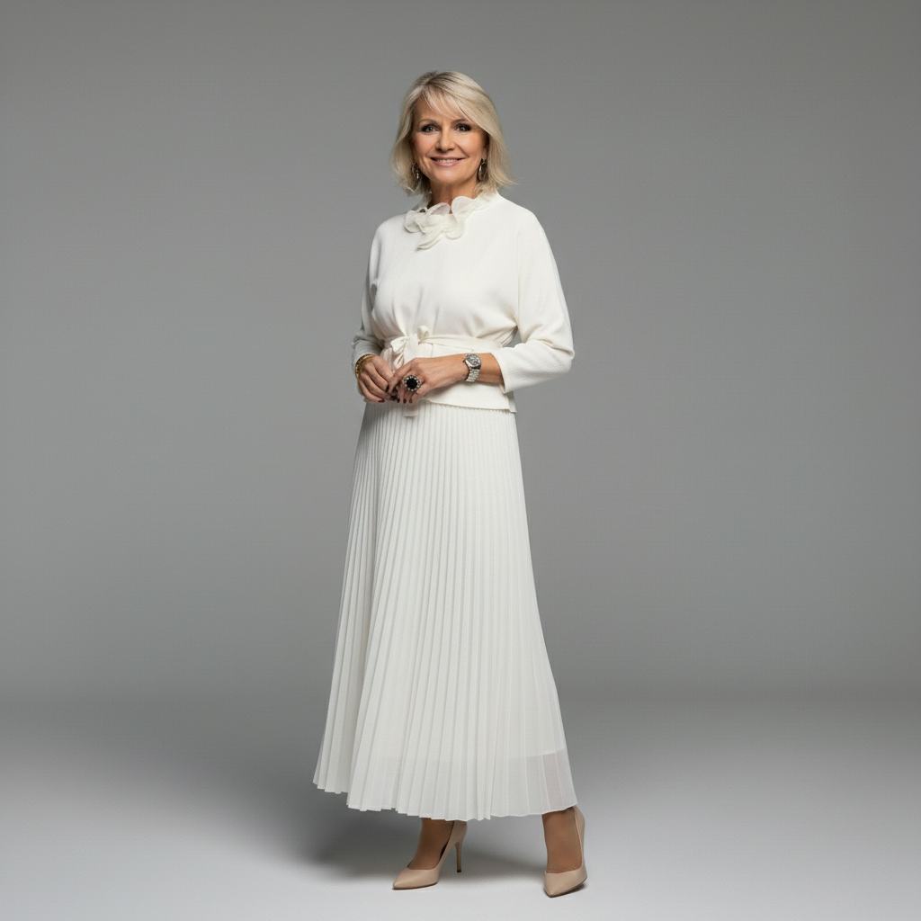 Woman in elegant white outfit with pleated skirt and ruffled top, studio background.