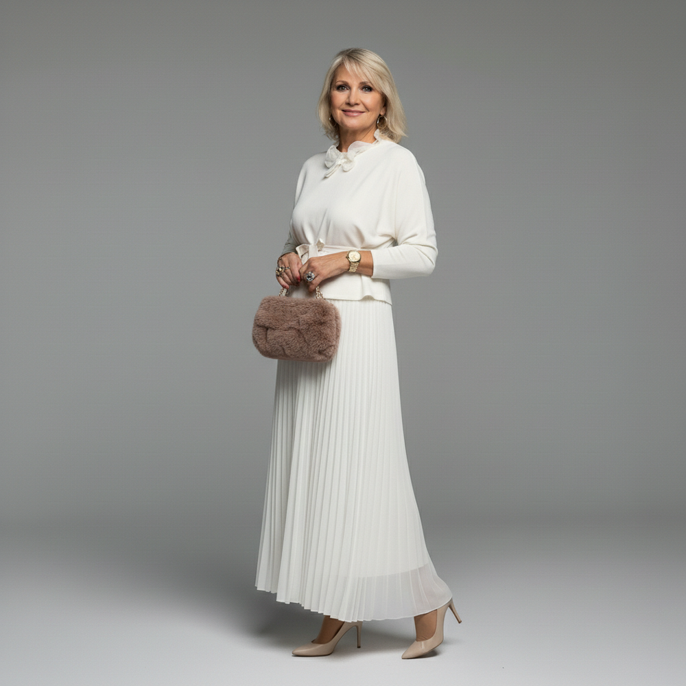 Stylish woman in white two-piece outfit with pleated skirt, ruffled top, and carrying a fluffy clutch, studio background.